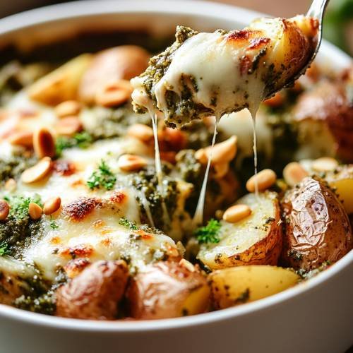 Cheesy Pesto Chicken and Potato Bake  A Comforting, Protein-Packed Dish!