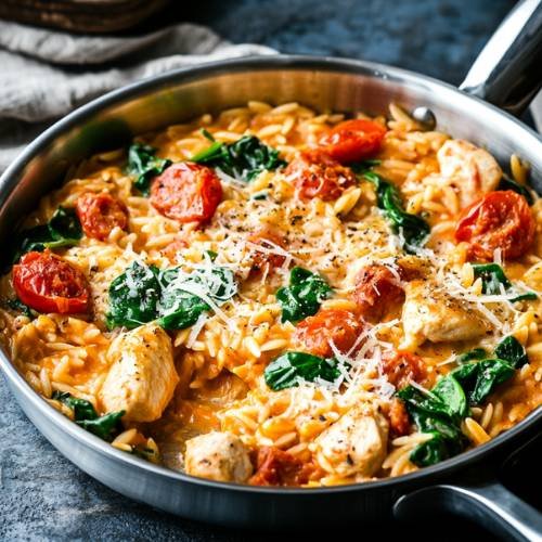 Cheesy Tomato Chicken and Chorizo Orzo  A Comforting, Flavor-Packed Meal