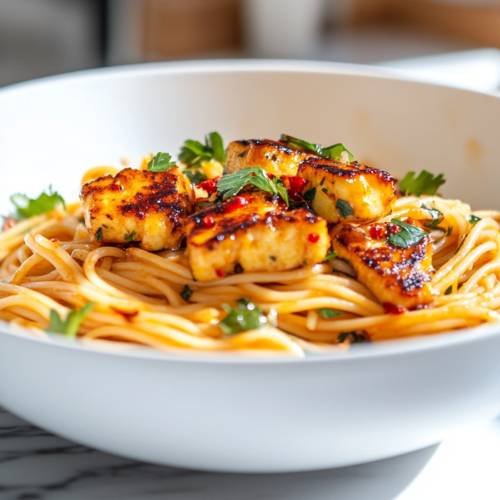 Creamy Pasta with Sweet Chilli Halloumi  A Flavorful Delight