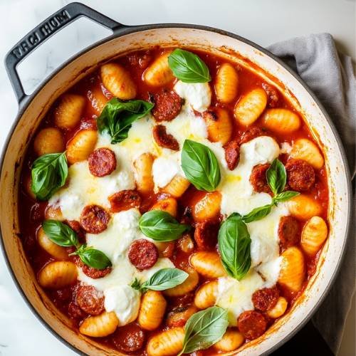 Chorizo and Mozzarella Gnocchi Bake