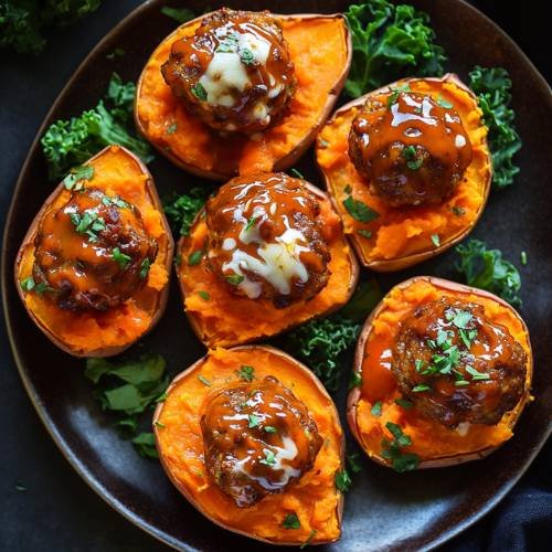 Cheesy Sriracha Meatballs and Sweet Potato Bites